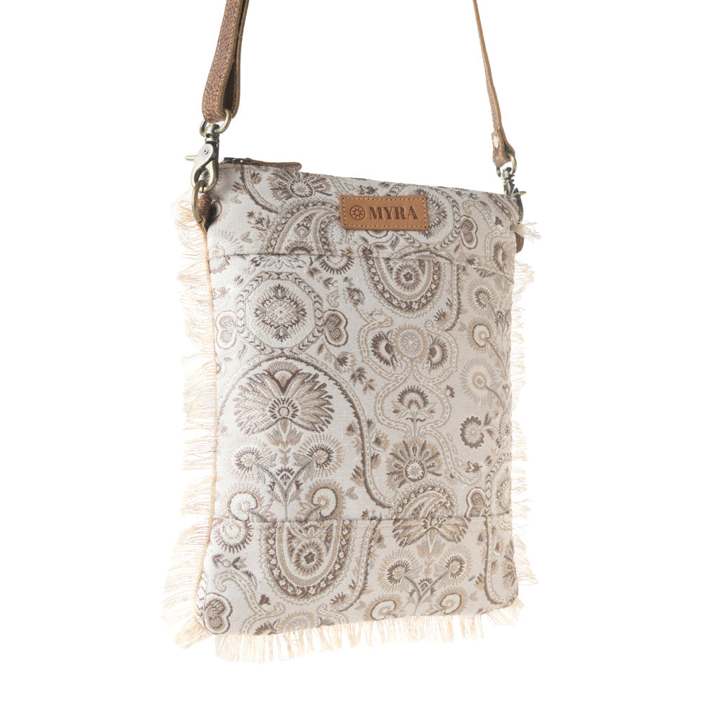 Loom Tapestry upcycled canvas crossbody Bag for Women in sage with fringe detail Myra USA
