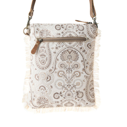 Loom Tapestry upcycled canvas crossbody Bag for Women in sage with fringe detail Myra USA
