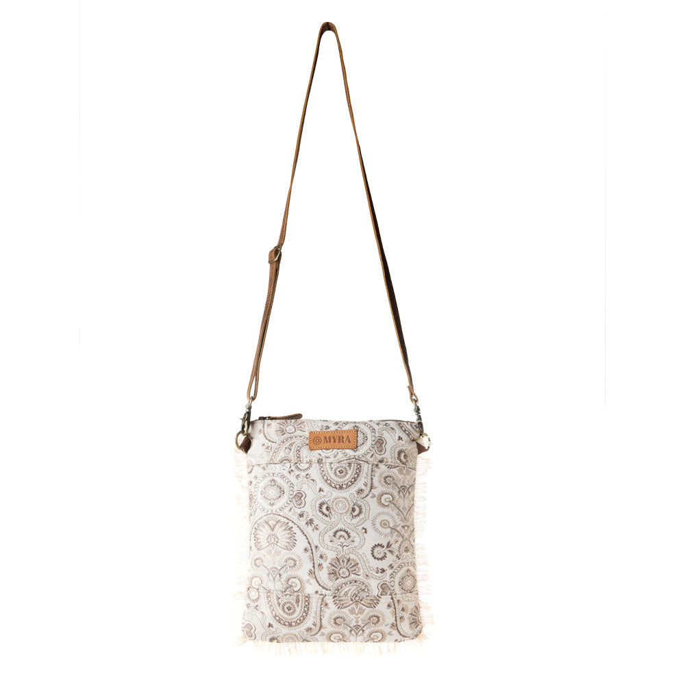 Loom Tapestry upcycled canvas crossbody Bag for Women in sage with fringe detail Myra USA
