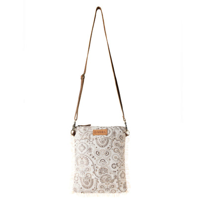 Loom Tapestry upcycled canvas crossbody Bag for Women in sage with fringe detail Myra USA