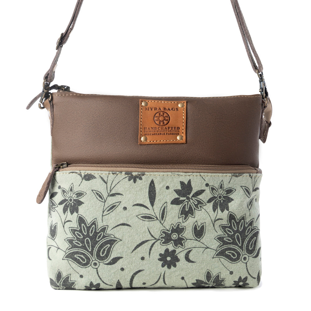 Myra Wildprint Trail upcycled canvas crossbody Bag for Women in sage with floral detail Myra USA