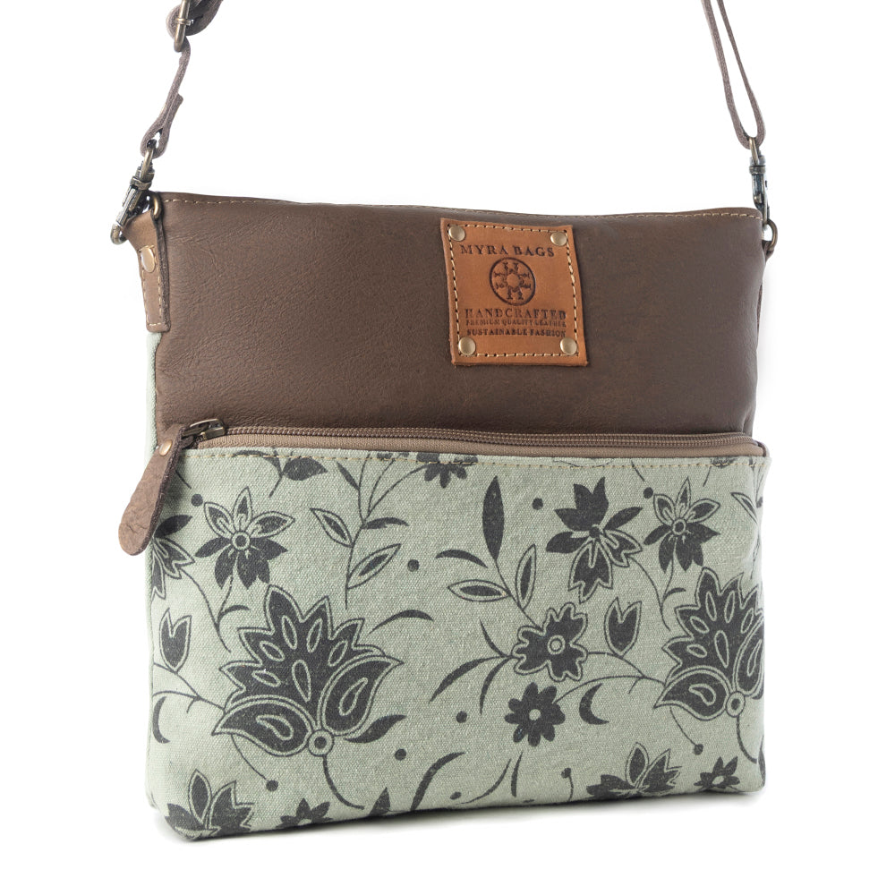 Myra Wildprint Trail upcycled canvas crossbody Bag for Women in sage with floral detail Myra USA