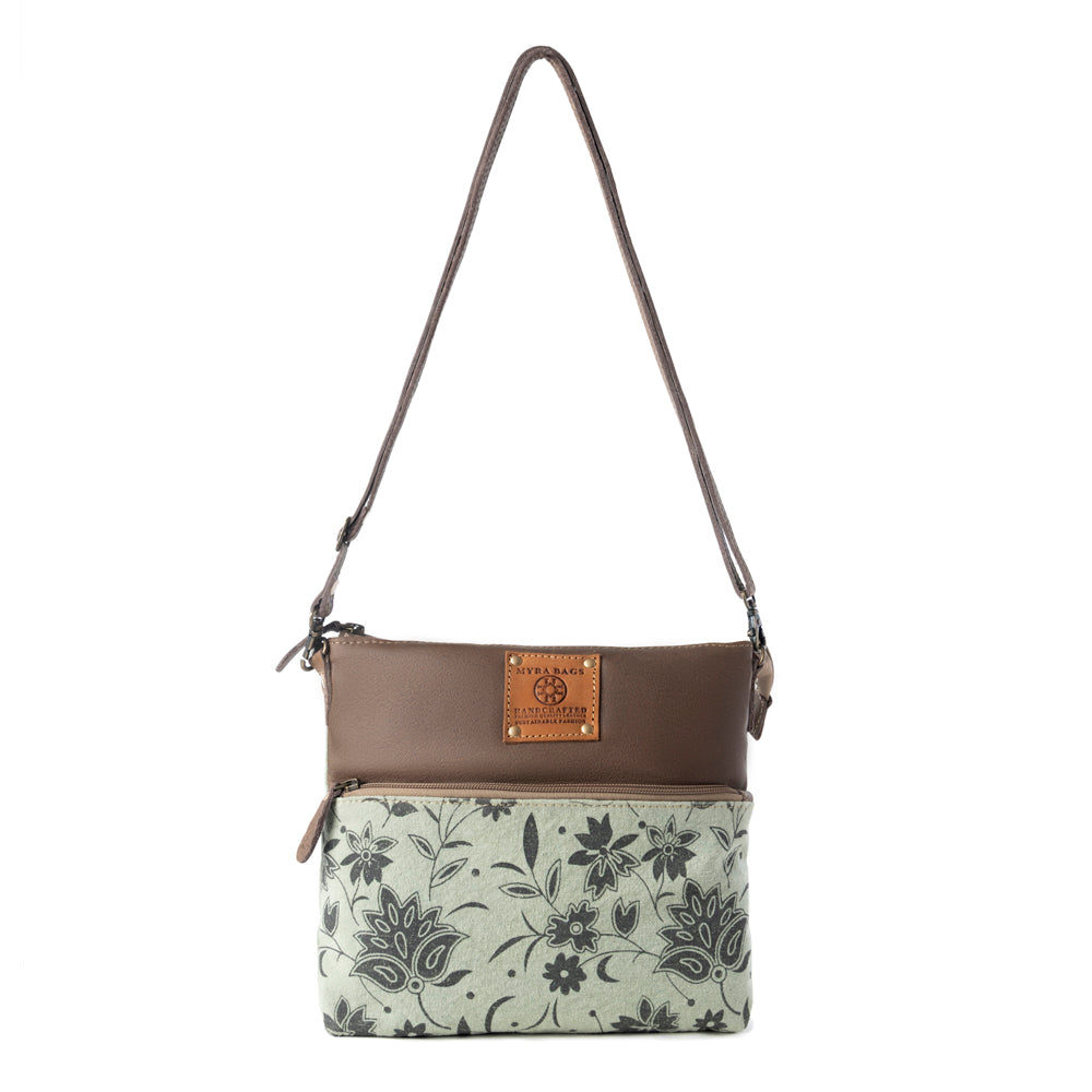 Myra Wildprint Trail upcycled canvas crossbody Bag for Women in sage with floral detail Myra USA