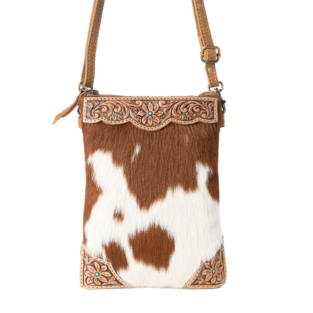 Myra Calico Hairon Crossbody Bag for Women in brown with hairon and handtooled detail Myra USA