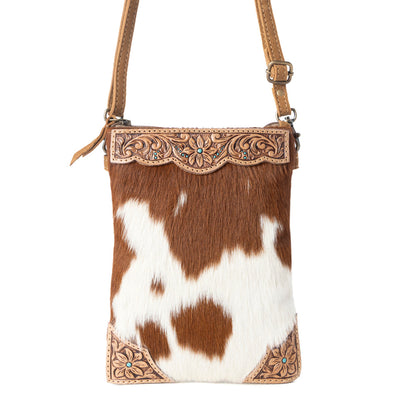 Myra Calico Hairon Crossbody Bag for Women in brown with hairon and handtooled detail Myra USA