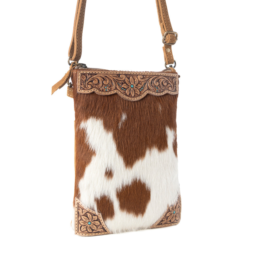 Myra Calico Hairon Crossbody Bag for Women in brown with hairon and handtooled detail Myra USA