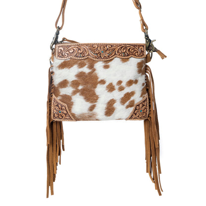 Myra Bourbon Trail Handtooled Bag for Women in brown with hairon and fringe detail Myra USA