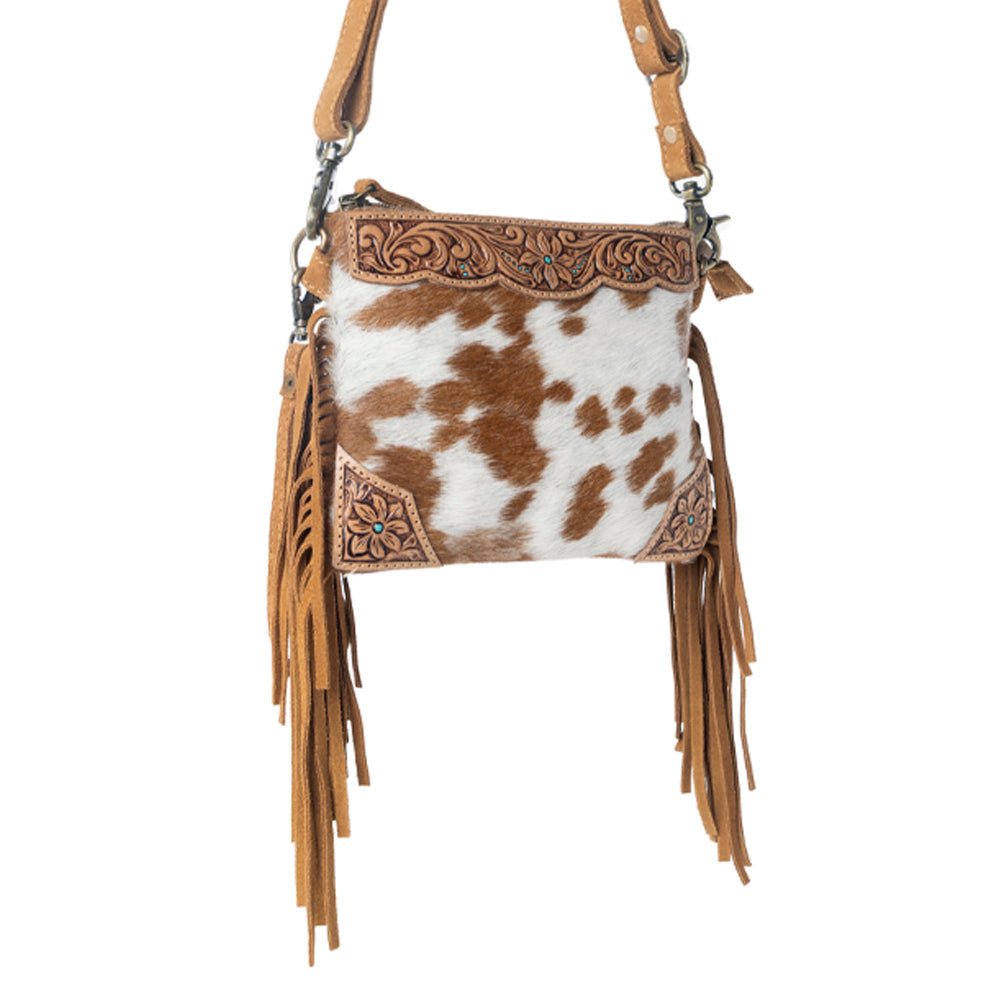 Myra Bourbon Trail Handtooled Bag for Women in brown with hairon and fringe detail Myra USA