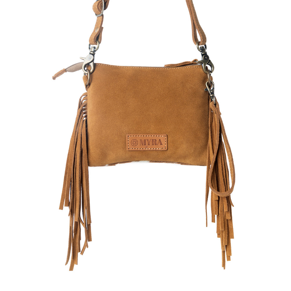 Myra Bourbon Trail Handtooled Bag for Women in brown with hairon and fringe detail Myra USA