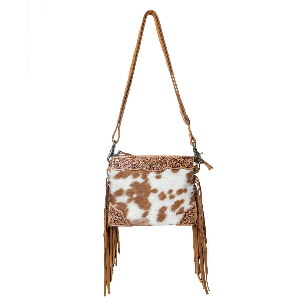 Myra Bourbon Trail Handtooled Bag for Women in brown with hairon and fringe detail Myra USA