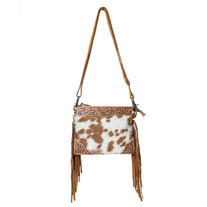 Myra Bourbon Trail Handtooled Bag for Women in brown with hairon and fringe detail Myra USA