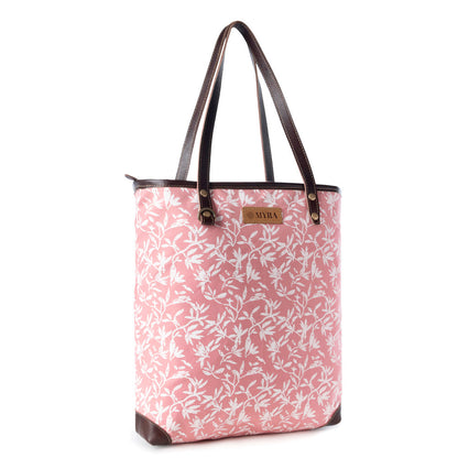 Myra Rose Vine Vintage Tote Bag for Women in pink with leather detail Myra USA