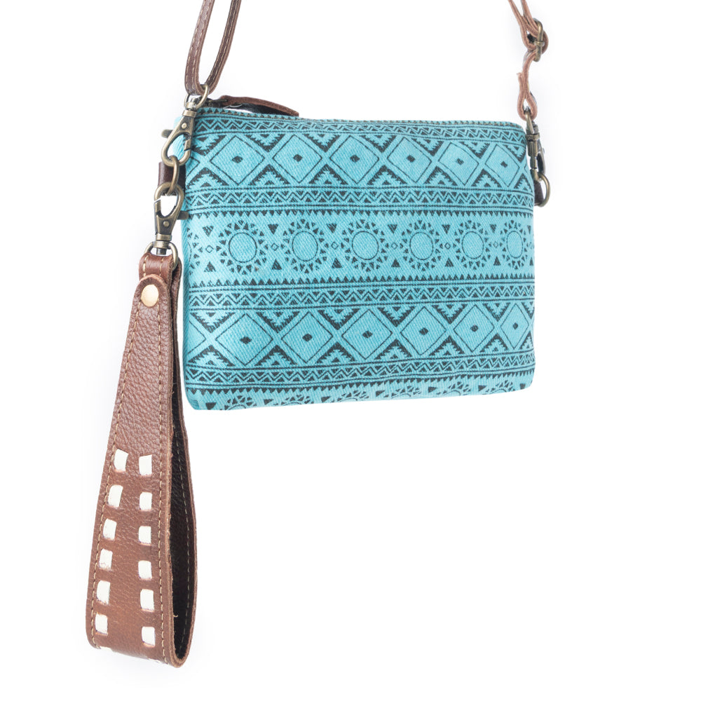 Myra Aztec Sky Cotton Belt Bag for Women in turquoise with leather detail Myra USA