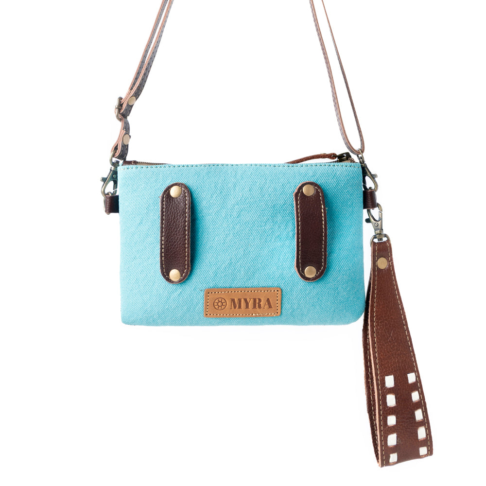 Myra Aztec Sky Cotton Belt Bag for Women in turquoise with leather detail Myra USA