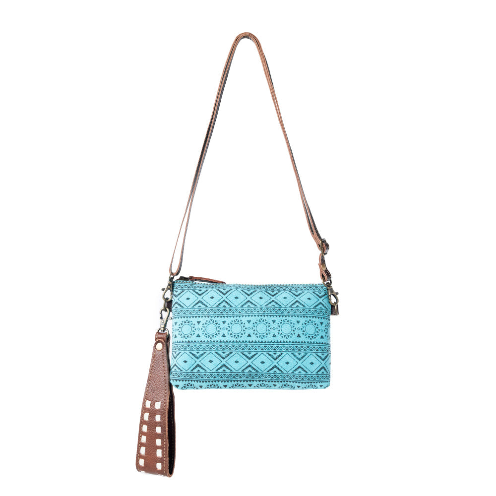 Myra Aztec Sky Cotton Belt Bag for Women in turquoise with leather detail Myra USA