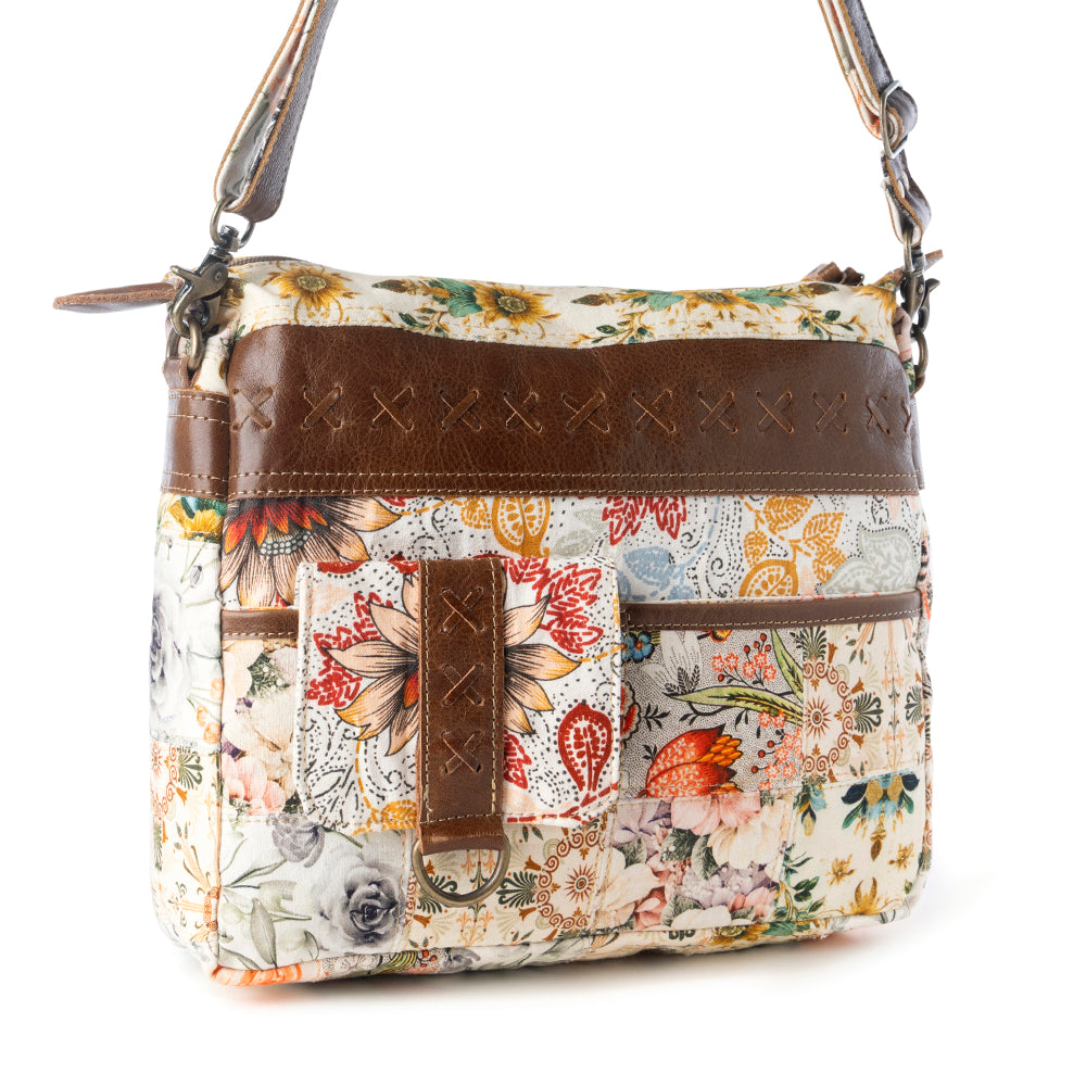 Myra Posy Mesa upcycled canvas Bag for Women in beige with floral detail Myra USA