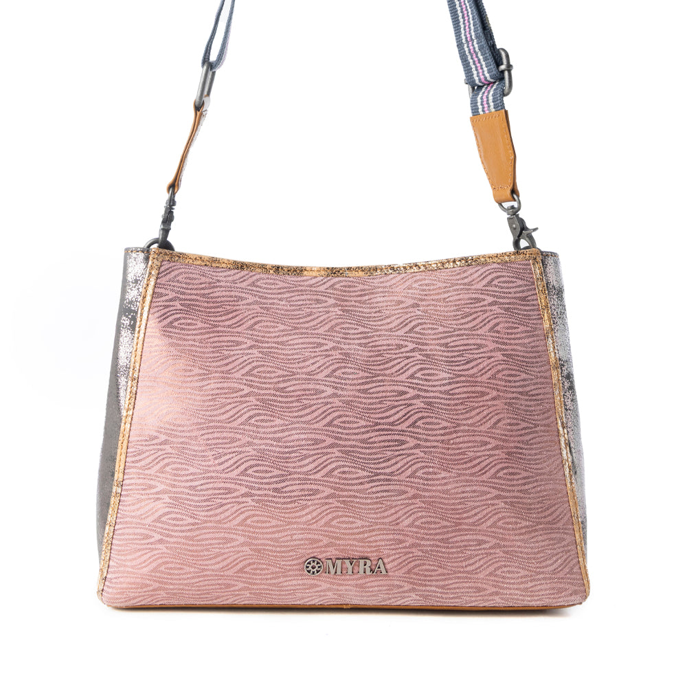Myra Rosemist Leather Bag for Women in pink with textured detail and shoulder strap Myra USA