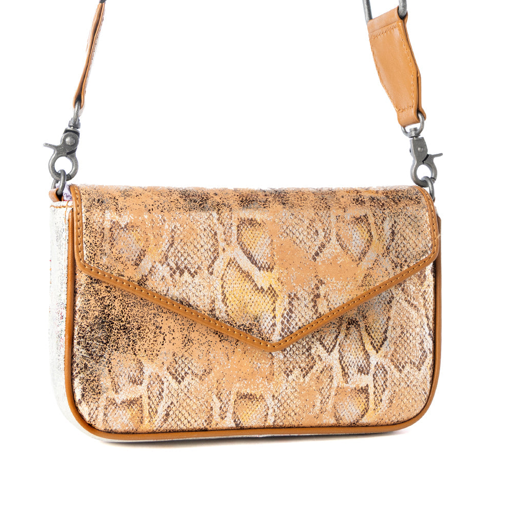 Myra Wild Print Leather Bag for Women in Golden with snake print detail and shoulder strap Myra USA