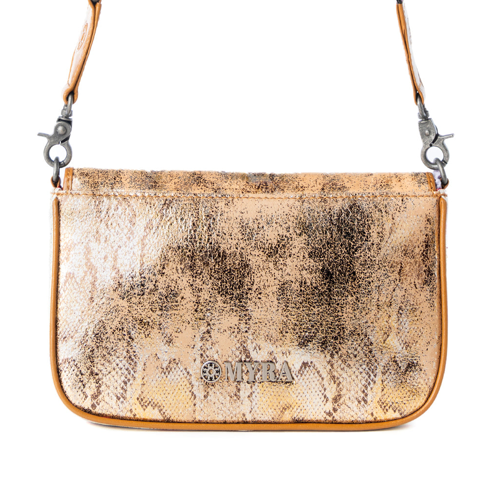 Myra Wild Print Leather Bag for Women in Golden with snake print detail and shoulder strap Myra USA