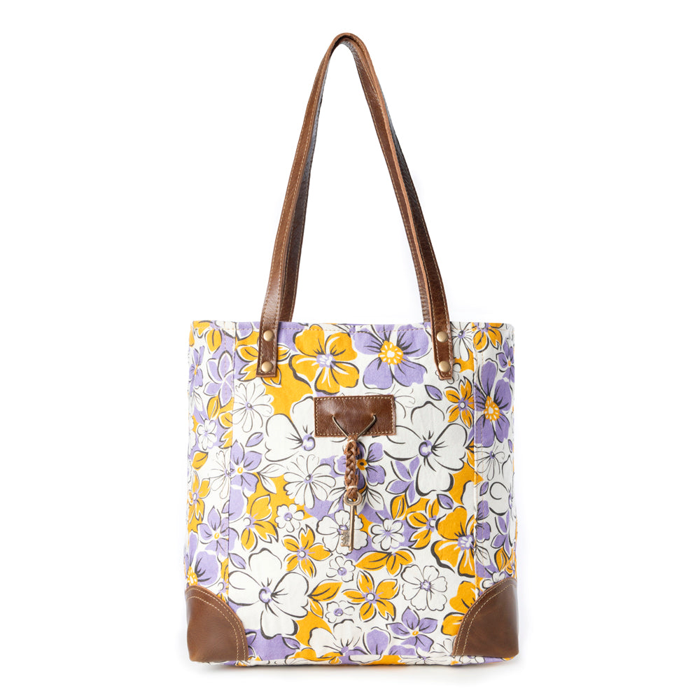 Myra Retro Bloom upcycled canvas tote Bag for Women in yellow with leather detail Myra USA