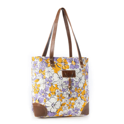 Myra Retro Bloom upcycled canvas tote Bag for Women in yellow with leather detail Myra USA