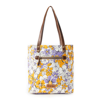 Myra Retro Bloom upcycled canvas tote Bag for Women in yellow with leather detail Myra USA