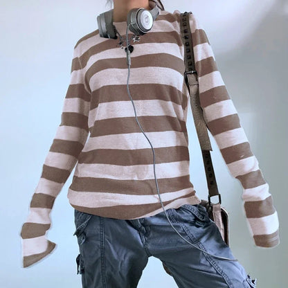 Women Teen Girls Fairy Grunge Y2k Long Sleeve Baggy Shirt Tops Striped Baby Tees Vintage Streetwear T-Shirt Autumn Clothes NovaCart
