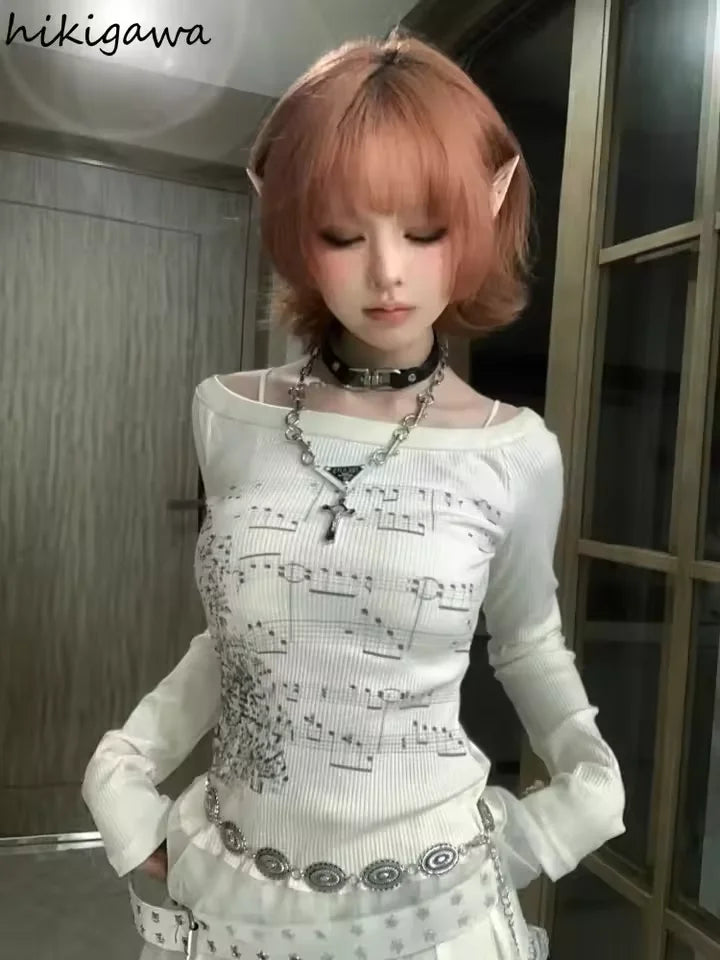 Women´s Slim Fit Off-Shoulder Top - Long Sleeve Ruffle Trim with Note Print NovaCart