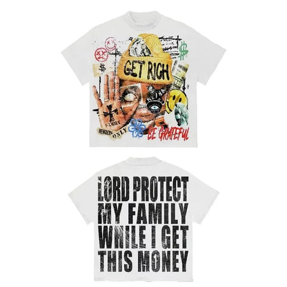 Men's Y2K pattern T-shirt "Get Rich and God Bless Your Family" slogan street style short-sleeved shirt bold money summer top NovaCart
