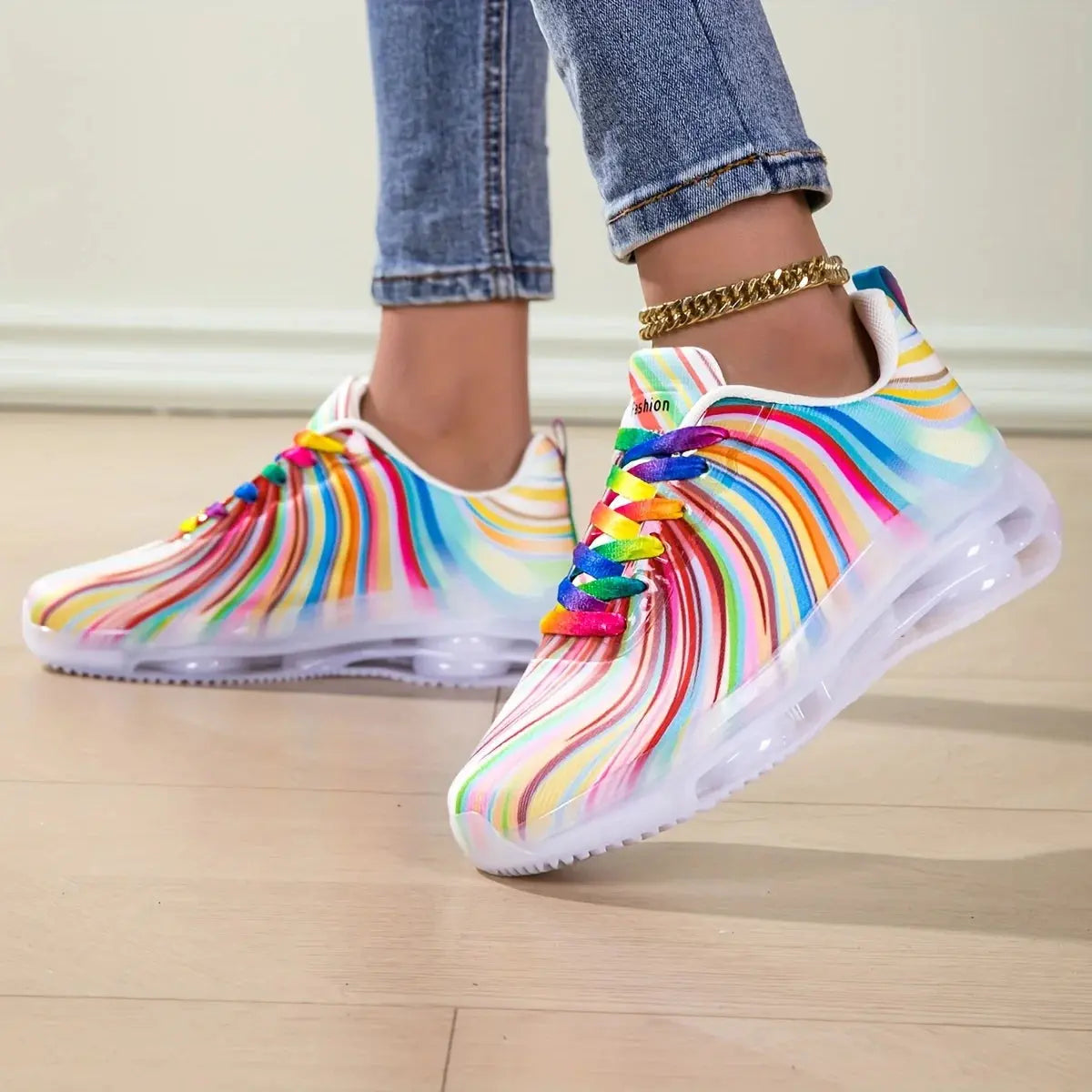 Women's Rainbow Stripe Casual Sports Shoes Summer Mesh Fashion Flat Beach and Leisure Holiday Lace-up Running Shoes for Ladies NovaCart