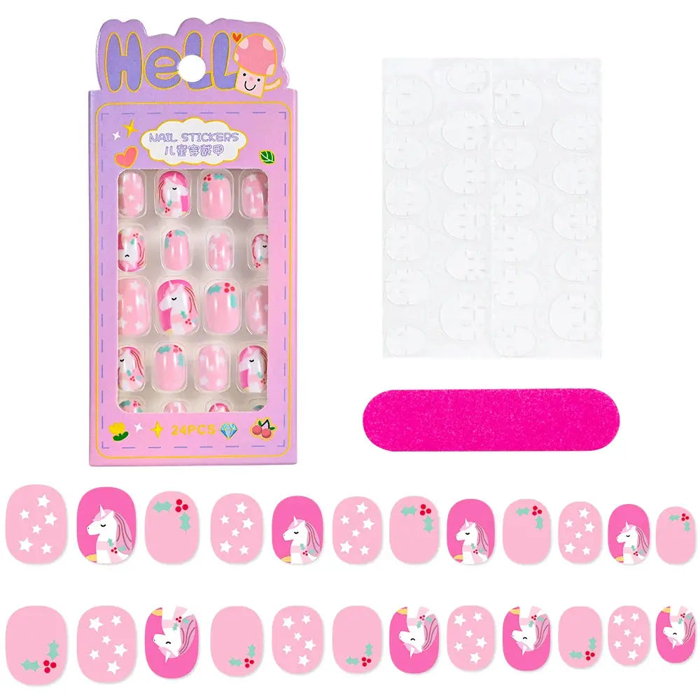 24Pcs/box Kids nails for Girl Cartoon Pattern False Nail Cute Child Fake Nails Tips Kawaii Acrylic Artificial Press on Nail+Tool NovaCart