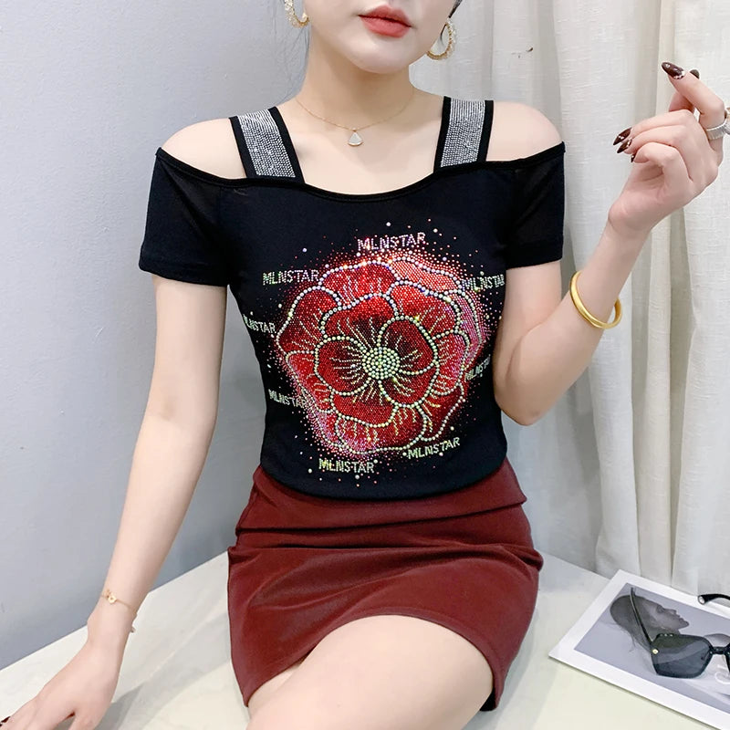 M-3XL Summer European Women's Clothes High Quality T-Shirt Luxury Hot Diamonds Design Slim Tees Sexy Girls Streetwear Tops NovaCart