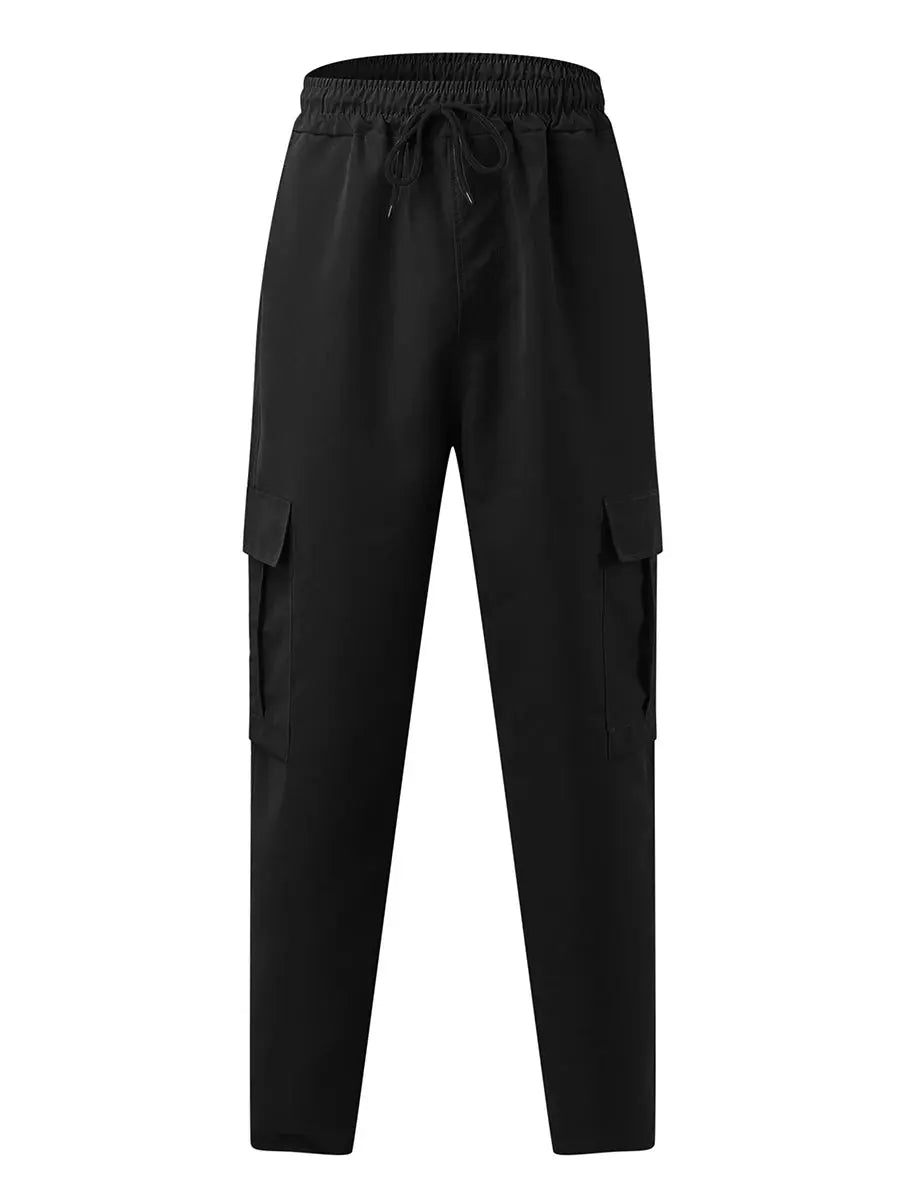 Men s Loose Cargo Long Pants Solid Color Drawstring Waist Straight Leg Trousers Casual Work Pants with Pockets NovaCart