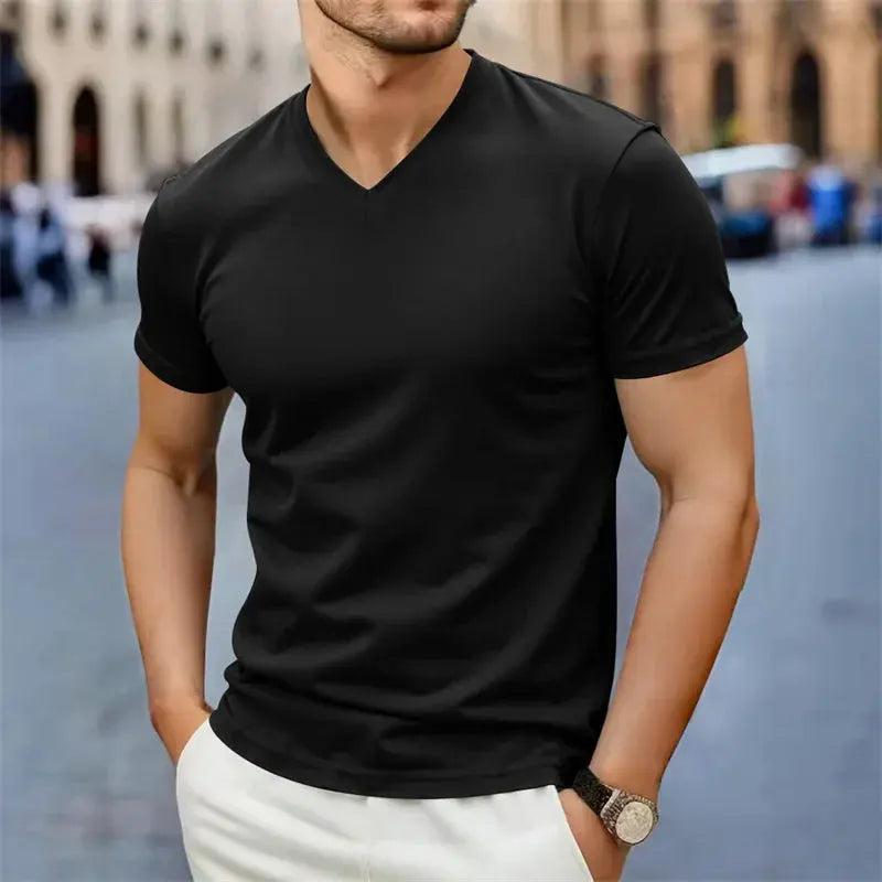 2025 New Men's Casual Fashion Simple V-neck Short Sleeved T-shirt Summer Comfortable Breathable Versatile Top NovaCart