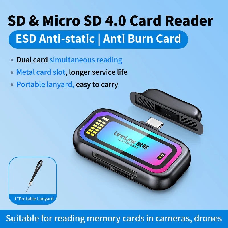 Unnlink SD & Micro SD 4.0 Card Reader UHS-II, USB-C to SD TF Memory Card Adapter for Mac iPhone 16/17 to Drone Action Camera Pi-Mart