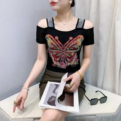 M-3XL Summer European Women's Clothes High Quality T-Shirt Luxury Hot Diamonds Design Slim Tees Sexy Girls Streetwear Tops NovaCart