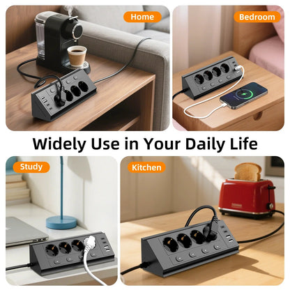 EU desktop corner power strip, a power strip with multiple switches independently controlling the outlets, extension cord power Pi-Mart