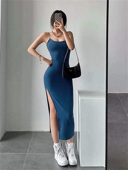 Sleeveless Spaghetti Strap Split Sheath Dress Vestidos