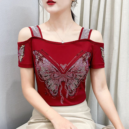 Women's Clothes New Design Sexy Off Shoulder Shiny Diamonds T-Shirts Luxury Brand Mesh Tees Tops Blouse Shirt NovaCart
