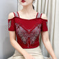 Women's Clothes New Design Sexy Off Shoulder Shiny Diamonds T-Shirts Luxury Brand Mesh Tees Tops Blouse Shirt NovaCart