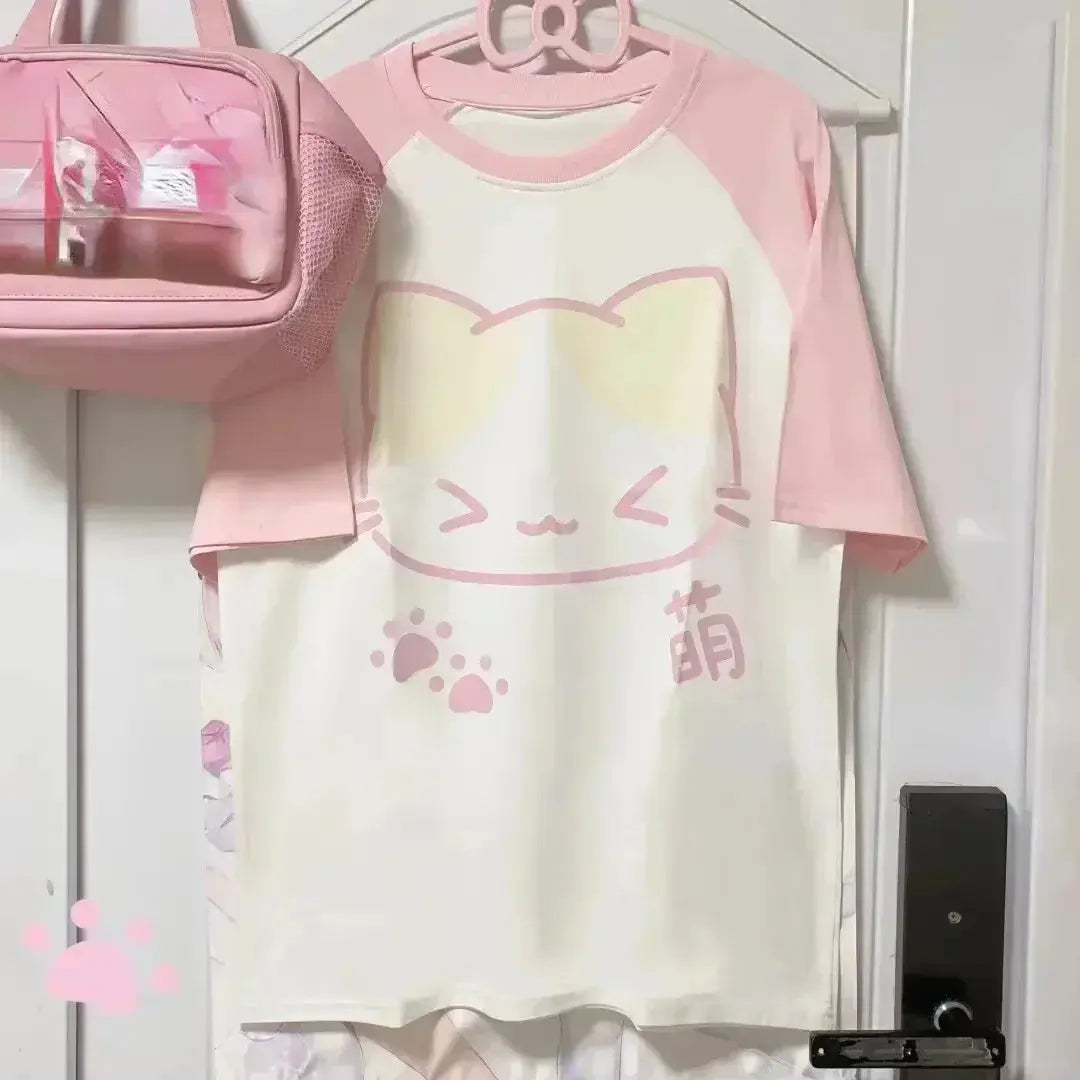 Aesthetics Japanese Grunge T-shirt Y2k Harajuku Anime Cartoon Cat Tops Tees Short Sleeve Women Kawaii Clothing Streetwear NovaCart