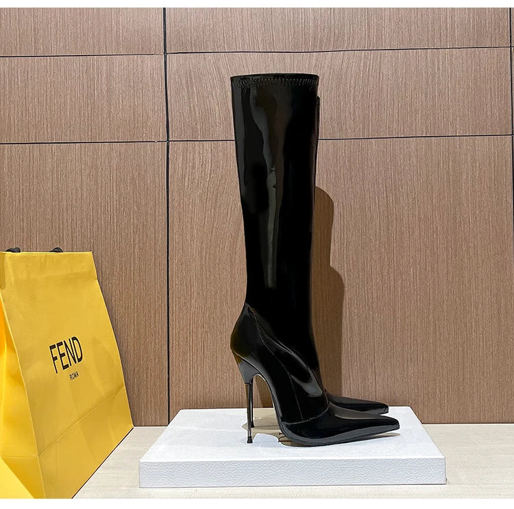 Knee-High Pointy Toe Women Boots 13cm Ultra Thin Steel High Heels Metal Heel Patent Leather Wide Calf Boots for Women Plus Size NovaCart
