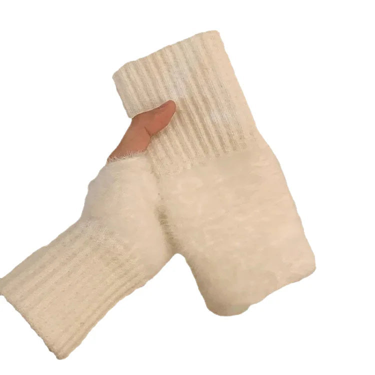 Women's Warm Plush Half-Finger Gloves for Autumn Winter Multi-Functional Cute Office Wear Cold-Resistant Fingerless Mittens Pi-Mart