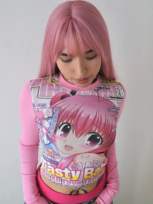 Deeptown Harajuku Kawaii Anime Graphic T Shirts Women Cutecore Cartoon Patchwork Tees Y2K Aesthetic Slim Crop Top Japanese 2000s NovaCart