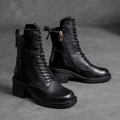 Birkuir Winter Plush Warm Boots Genuine Leather Women Snow Boots 6cm Thick Heel Shoes Handmade Side Zip Leisure Platform Boots NovaCart
