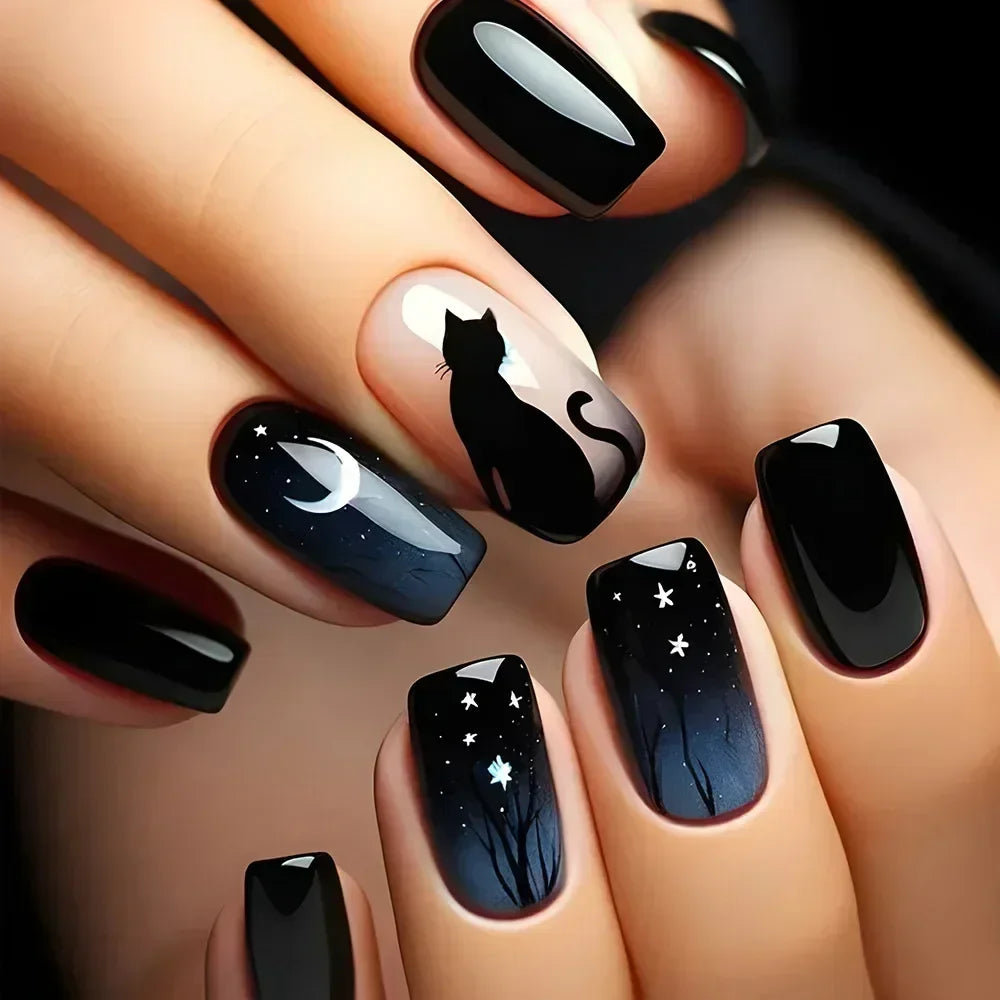 24Pcs Short Square Coffin False Nails Square Fake Nails with Glue French Glitter Wearable Acrylic Nails Set Press on Nail Tips NovaCart