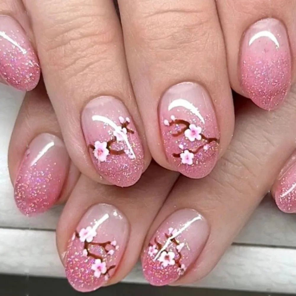 24Pcs Short Square Coffin False Nails Square Fake Nails with Glue French Glitter Wearable Acrylic Nails Set Press on Nail Tips NovaCart