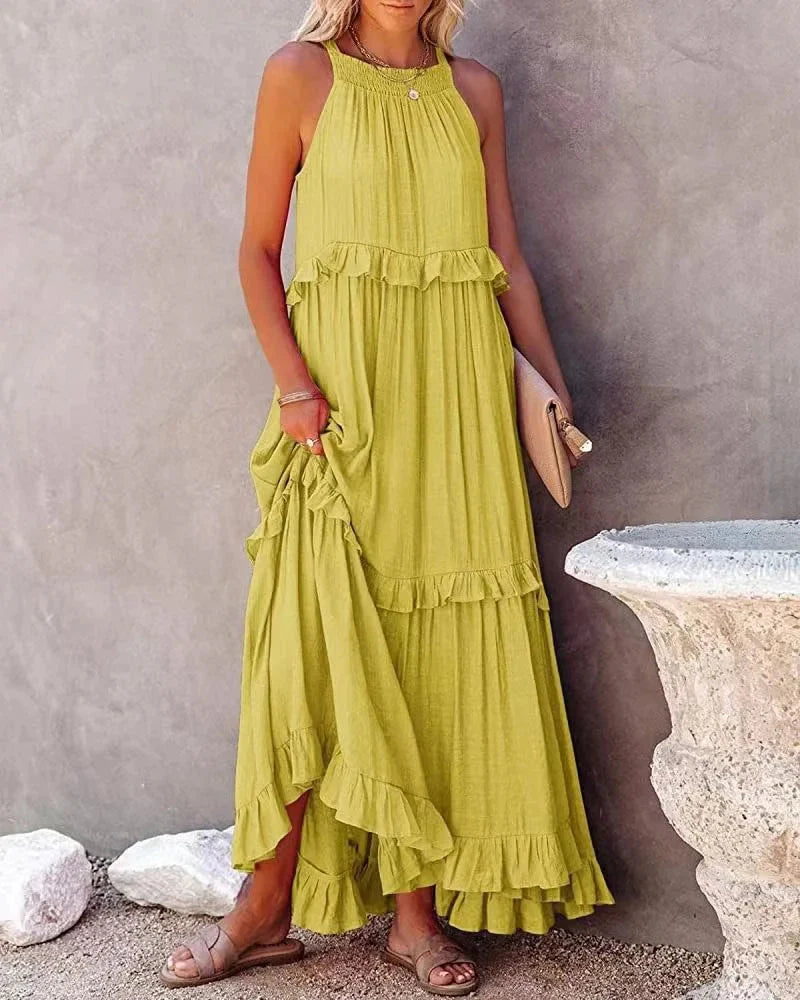 Elegant Apricot Ruffle Maxi Dress FitiqueFit