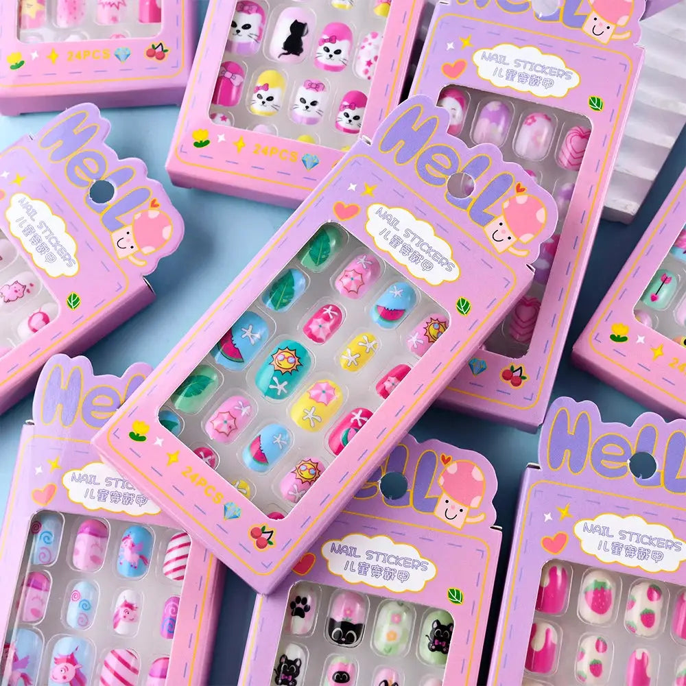24Pcs/box Kids nails for Girl Cartoon Pattern False Nail Cute Child Fake Nails Tips Kawaii Acrylic Artificial Press on Nail+Tool NovaCart