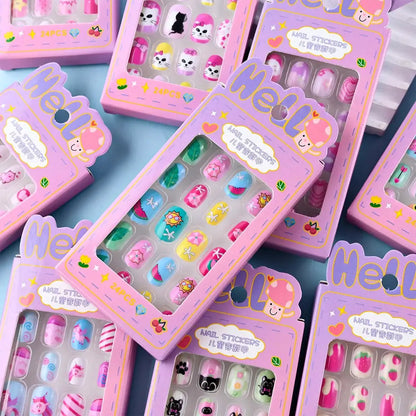 24Pcs/box Kids nails for Girl Cartoon Pattern False Nail Cute Child Fake Nails Tips Kawaii Acrylic Artificial Press on Nail+Tool NovaCart
